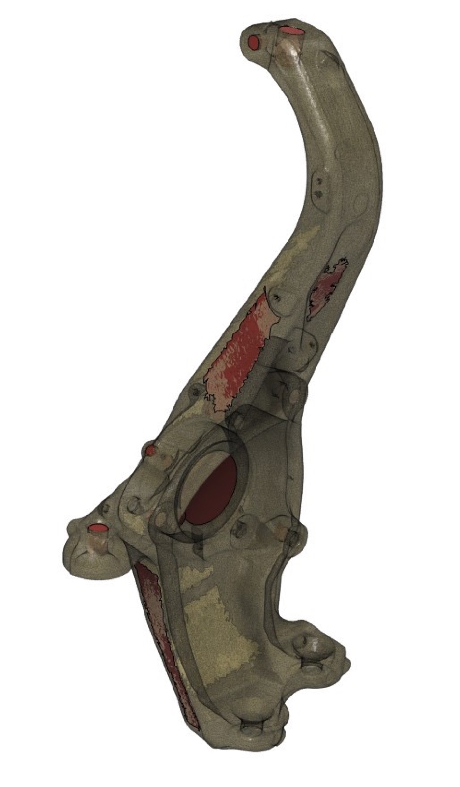 Scanned front knuckle, shown translucent, with exact bores and flat mounting faces fitted to it
