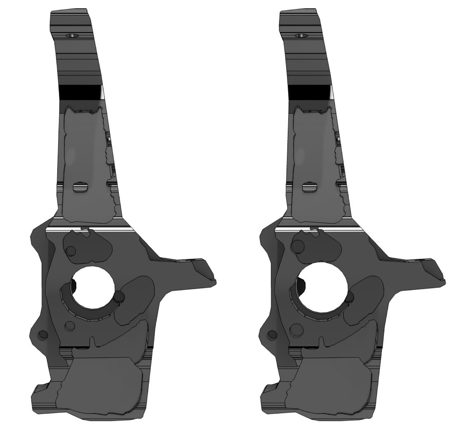 Billet knuckle before and after changing the bearing bore and hub bolt parameters
